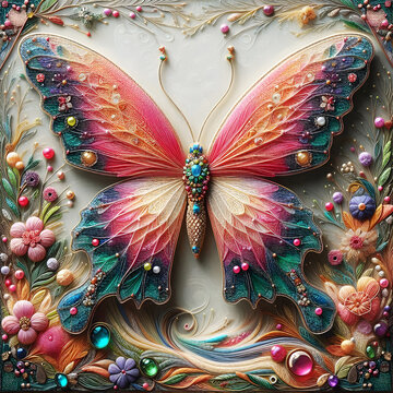 Butterfly in 3d sew art, pink blue grey perals, beads