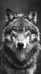 Fototapeta premium Fierce Wolf Portrait in Moody Black and White Generative AI