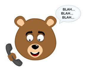 vector illustration face brown bear grizzly cartoon, talking on the phone and a speech bubble with the text blah