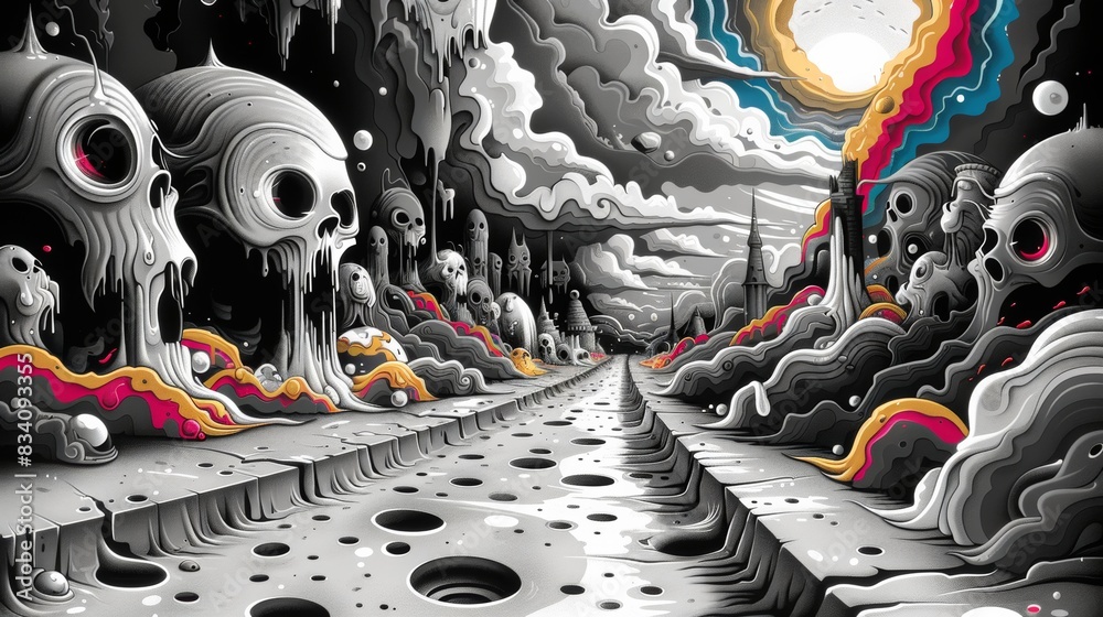 Sticker a painting of a road with skulls and clouds in the background, ai