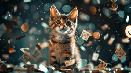 Curious kitten looks on as money confetti flutters around in a magical, dreamy setting