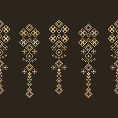 Traditional black ethnic motifs ikat geometric fabric pattern cross stitch.Ikat embroidery Ethnic oriental Pixel brown background.Abstract,vector,illustration. Texture,decoration,wallpaper.