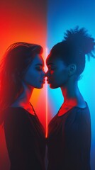 A loving androgynous couple embraces under a vibrant red and blue neon light