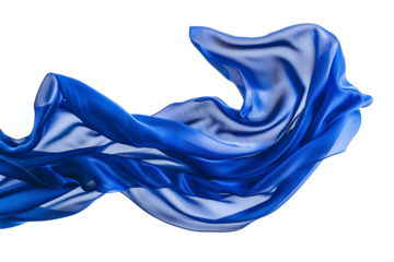 A piece of royal blue silk cloth, gracefully cascading and folding in mid-air, isolated on transparent background.