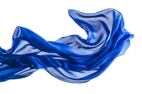 A piece of royal blue silk cloth, gracefully cascading and folding in mid-air, isolated on transparent background.