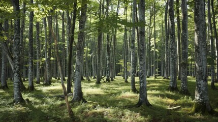 Obraz premium A dense stand of mature trees interspersed with patches of sunlight and young saplings.