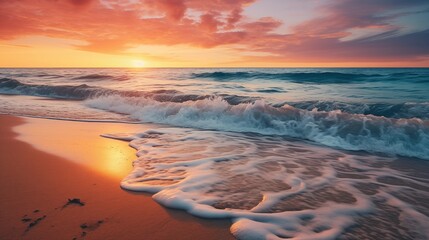Stunning Beach Sunset with Waves Crashing on the Shoreline