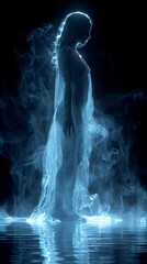 Silhouette of Woman in Ethereal Light. Artistic silhouette of a woman shrouded in ethereal blue light and mist, standing in water, evoking a mystical and serene atmosphere.