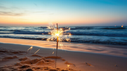 Festive sparklers illuminating a beach at sunset