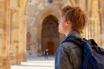 Student with a backpack standing library studying university campus scholarship internship study exam week college international programme erasmus school young academic books graduation education