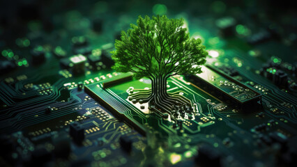 Eco-friendly technological innovation represented by a tree on a circuit board

