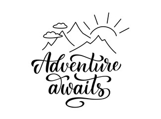 Adventure awaits lettering composition with sun, mountains and clouds in line style. Vector illustration.