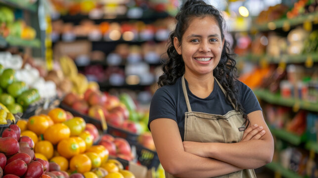 Smiling woman grocer standing with arms crossed in front of a vibrant fruit showcase