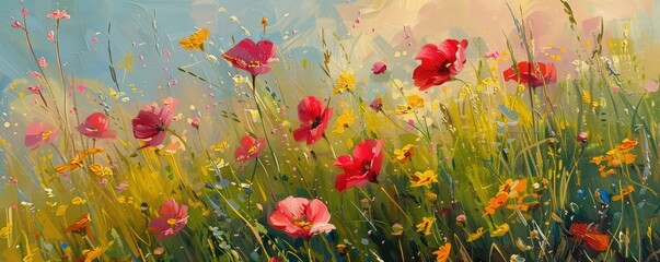 Fototapeta premium field of various wildflowers in bloom, creating a picturesque natural tapestry.