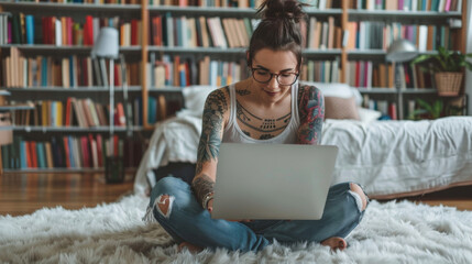 Tattooed female in casual clothing works on her laptop, sitting on a cozy rug