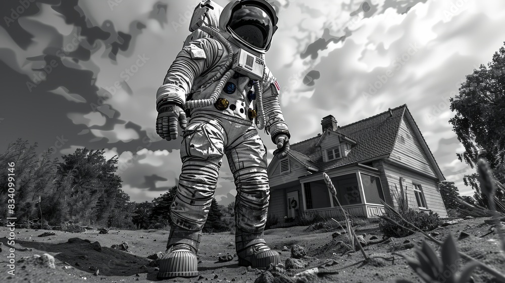 Sticker a black and white photo of an astronaut standing in front of a house, ai