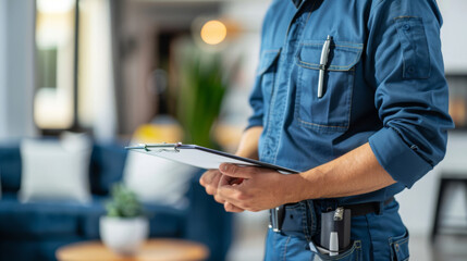 Technician in uniform with clipboard and tools in close-up shot indoors