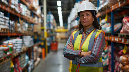 Professional woman in safety gear stands with arms crossed in a warehouse aisle