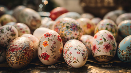 Beautifully painted Easter eggs featuring detailed and traditional patterns, perfect for holiday celebrations.

