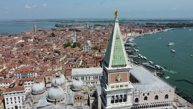 Venice city skyline, aerial view of St. Mark's Square with Doge's Palace, Basilica, and Campanile, Italy