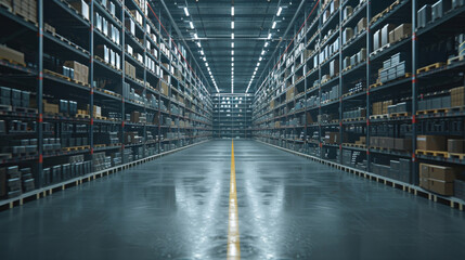 Obraz premium Wide-angle view of a large, empty warehouse interior with organized shelves