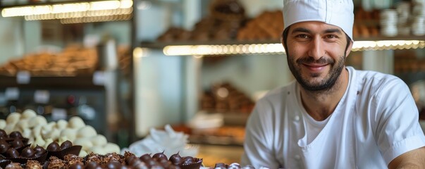 Obraz premium Happy male chef in white uniform presenting assorted chocolates in a well-lit pastry shop.