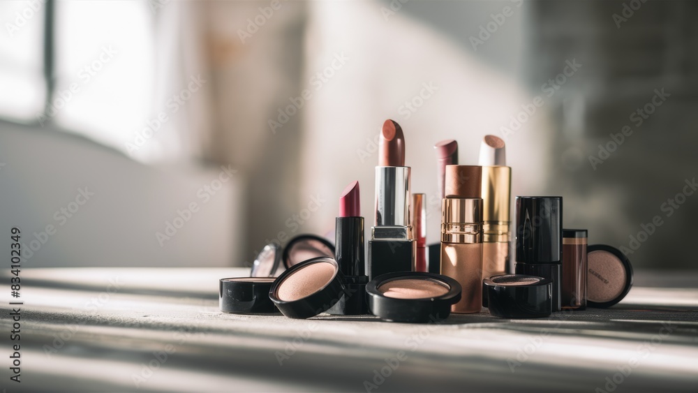 Poster A group of cosmetics and lipsticks are arranged on a table, AI