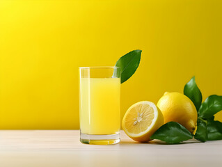 A Glass of lemon juice with green and yellow lemon, Refreshing and healthy lemon juice ice in a glass with summer background, lemon juice photo