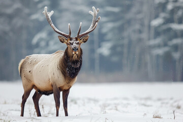 A majestic elk standing in a snow-covered meadow, its antlers dusted with snowflakes and the forest in the background cloaked in white.