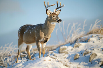 A majestic white-tailed deer standing on a snowy hill, its antlers covered in frost as it looks out over the wintry landscape.