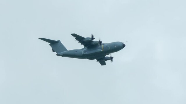 British Royal Air Force Airbus A400M Atlas military cargo plane on a low-level troop parachute drop exercise practise run
