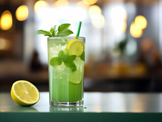A Glass of lemon juice with green and yellow lemon, Refreshing and healthy lemon juice ice in a glass with summer background, lemon juice photo