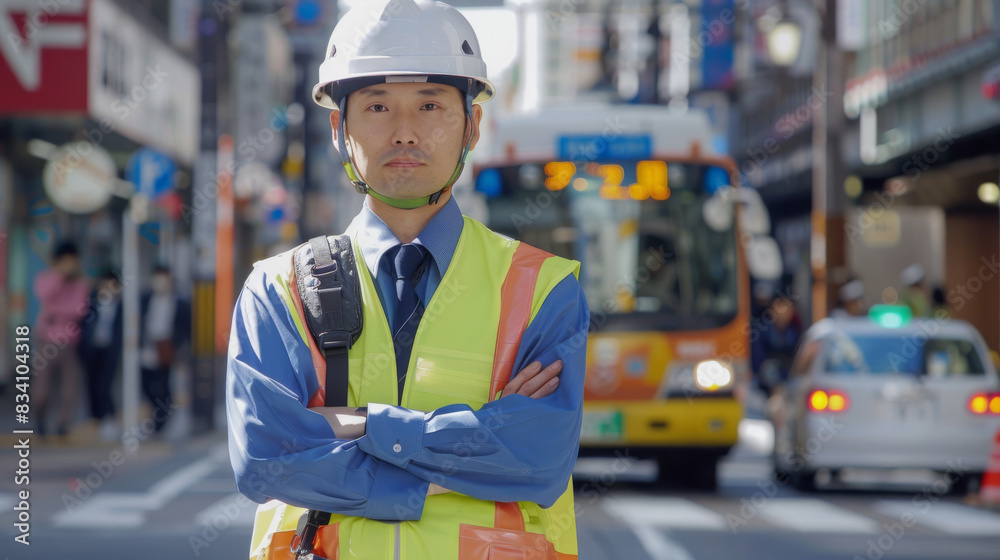 Poster confident construction manager with arms crossed in a busy urban setting