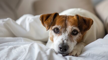 Adorable dog lounging on white material indoors in a close up shot Affectionate animal