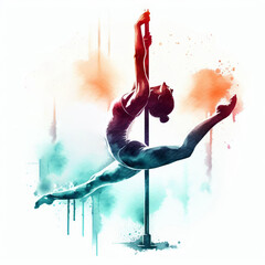 Artistic image of a girl gymnast performing an acrobatic element on a pole, dynamic pose, watercolor splashes.