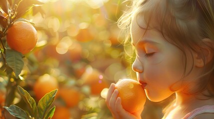 A young girl intimately engaging with the scent of a fresh citrus fruit in a sunlit grove. A young girl inhales the fresh scent of an orange amidst the warm glow of a citrus grove at sunset. AIG50