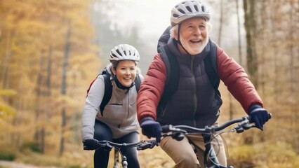 Older Caucasian man and woman, both in casual sportswear and helmets, joyfully biking on a tree-lined path with autumn leaves. Bright afternoon, warm colors, and happy expressions.