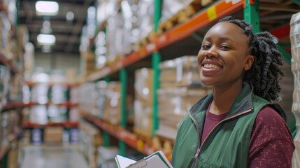 Fototapeta premium Confident young worker with clipboard in a well-stocked warehouse aisle