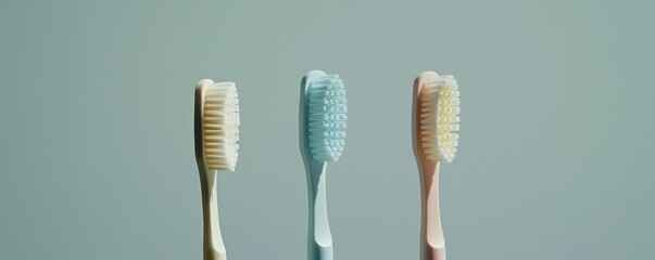 three toothbrushes with shadows cast on a dual-tone background.