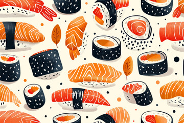 Realistic isometric seamless pattern vector fresh japanese food, sushi design concept collection