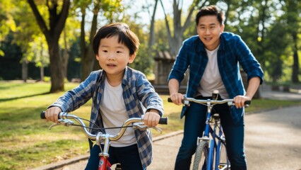 Obraz premium A man and boy riding bikes in a park together, AI