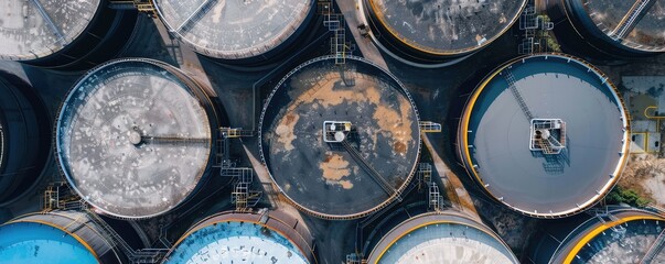 A high angle shot of several large, dark oil storage tanks, featuring intricate details of walkways and pipelines.