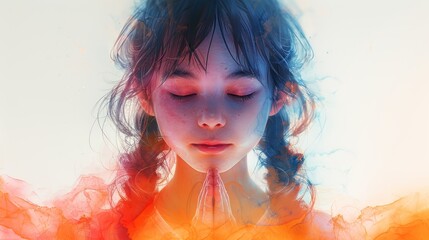 Little Girl in Worship on Watercolor Background Generative AI