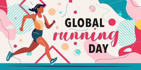 Global running day poster in flat trendy style isolated on a white background. Global running Day in June, vector banner design. The first Wednesday of June. banner with template text vector.