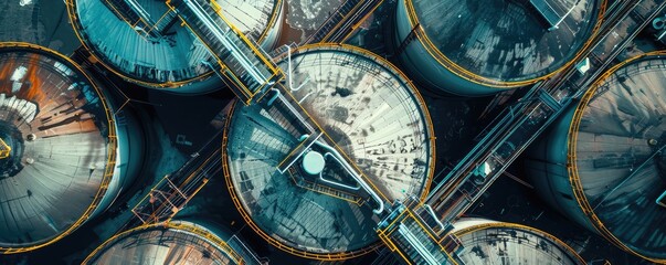 Fototapeta premium A high angle shot of several large, dark oil storage tanks, featuring intricate details of walkways and pipelines.