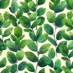 A vibrant and colorful illustration of various types of green leaves, creating a lush pattern that could be used for wallpaper, fabric design, or as a decorative element in graphic design projects.