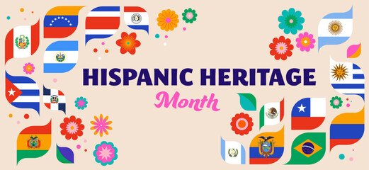 National hispanic heritage month celebration. Background, banner and card with national flags and flowers. Colorful concept design floral pattern