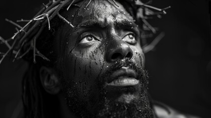 Powerful Black Jesus Portrait with Crown of Thorns Generative AI