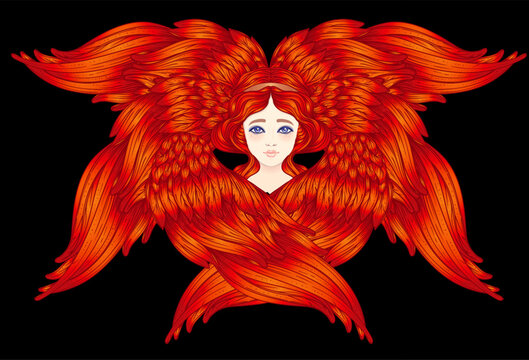 Sirin, Alkonost, Gamayun mythological creature of Russian legends. Angel girl with wings. Isolated hand drawn vector illustration. Trendy Vintage style element. Spirituality, occultism, alchemy, magic