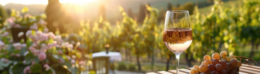 Naklejka premium Two wine glasses on a table with a vineyard landscape in the background, capturing the golden light of sunset.